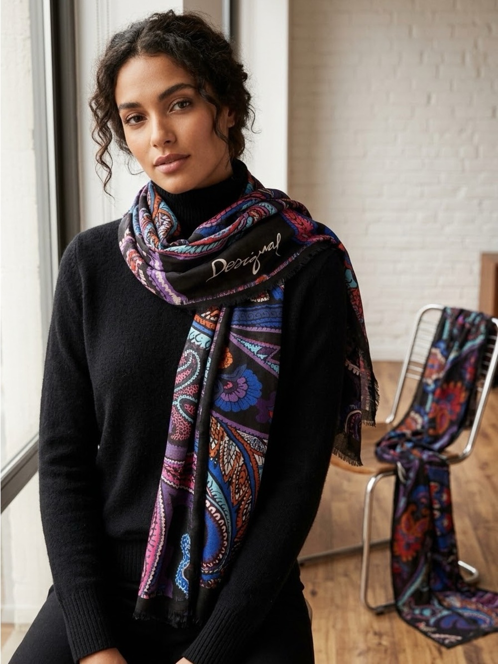 Desigual Black Multi Paisley Long Scarf with Blue, Purple & Orange Accents